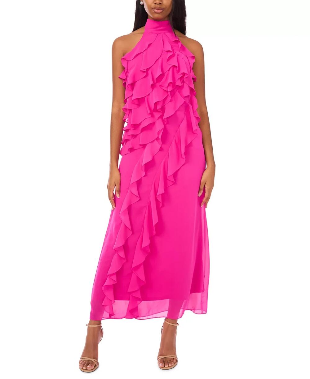 CeCe Women's Chiffon Sleeveless Long Halter Dress Pink Size 12 1624